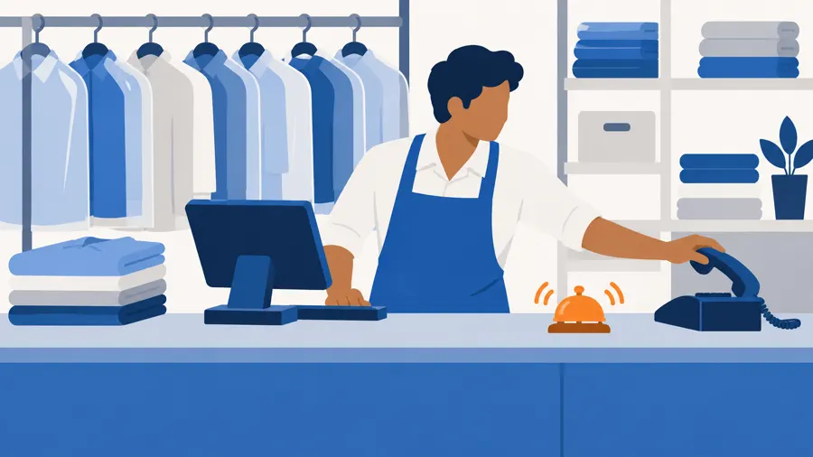 A laundry counter where a bell rings the moment a new customer walks in