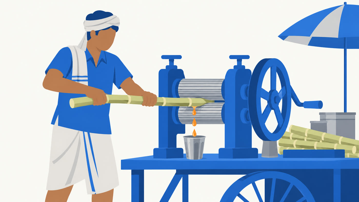 A sugarcane juice vendor pressing the cane a second time